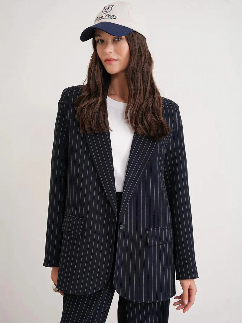 MixRay Navy Blue MIXRAY Striped Oversize Blazer for Women | Best Price UAE